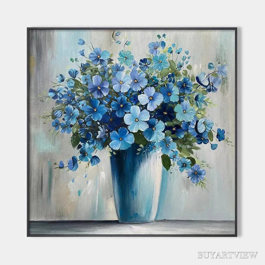 BUYARTVIEW Blue Serenity – Blue Floral Painting, Square Canvas Art, Still Life Wall Decor, Calming Artwork - image 1