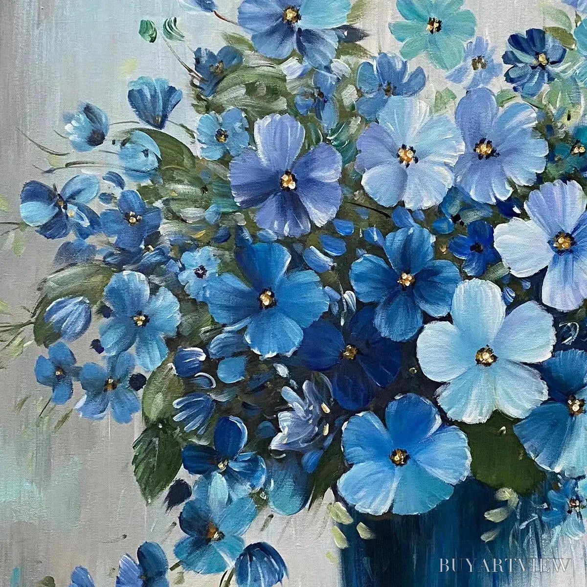 BUYARTVIEW Blue Serenity – Blue Floral Painting, Square Canvas Art, Still Life Wall Decor, Calming Artwork - image 3