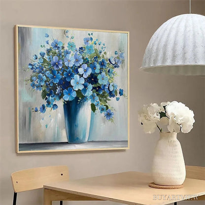 BUYARTVIEW Blue Serenity – Blue Floral Painting, Square Canvas Art, Still Life Wall Decor, Calming Artwork - image 4