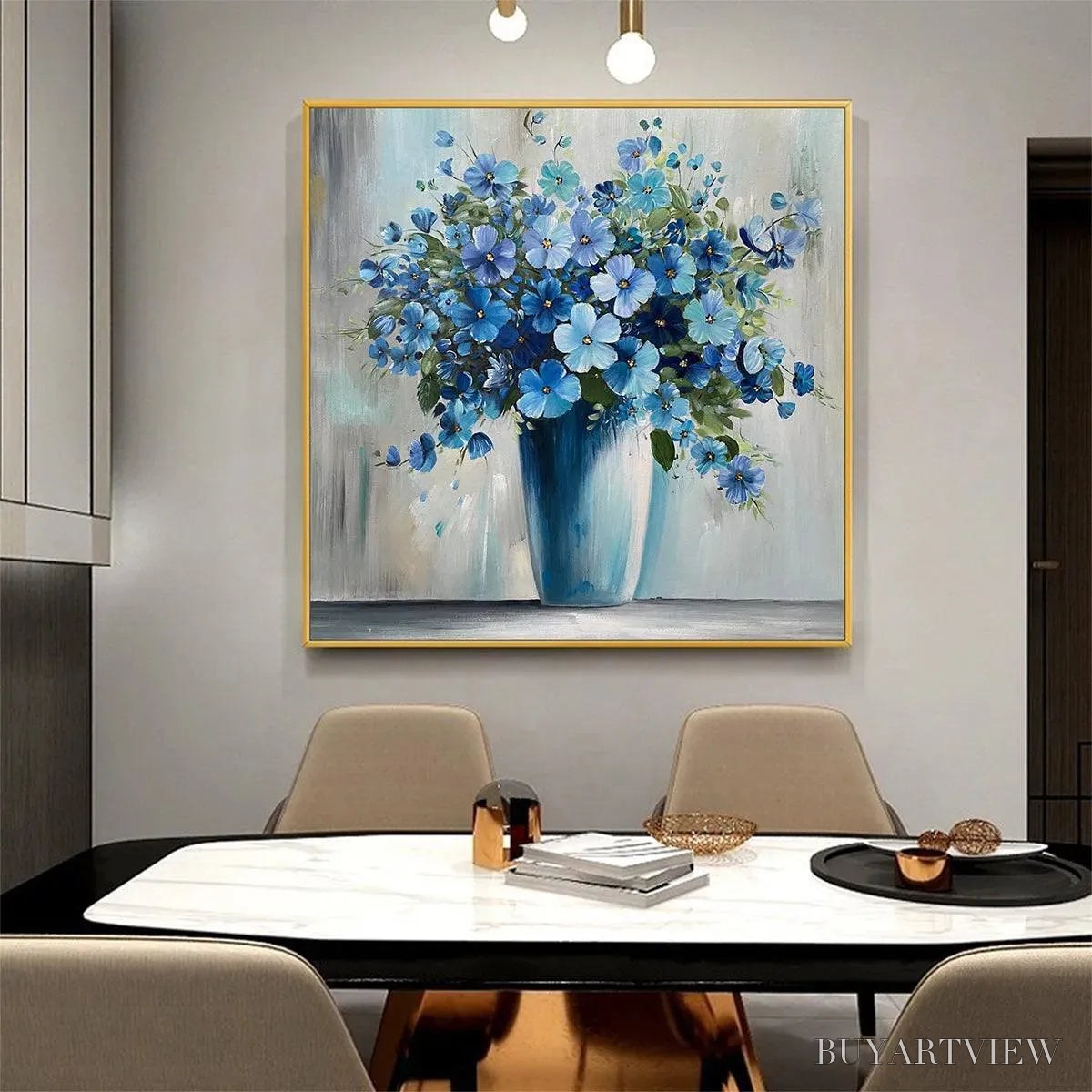 BUYARTVIEW Blue Serenity – Blue Floral Painting, Square Canvas Art, Still Life Wall Decor, Calming Artwork - image 6