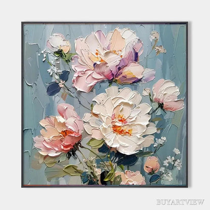 BUYARTVIEW Pastel Peonies – Textured Peony Painting, Impasto Floral , Square Canvas, Romantic Decor - image 1