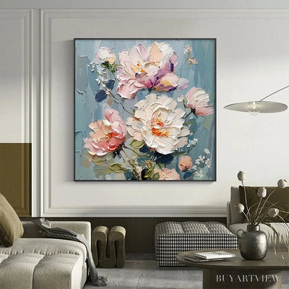 BUYARTVIEW Pastel Peonies – Textured Peony Painting, Impasto Floral , Square Canvas, Romantic Decor - image 2