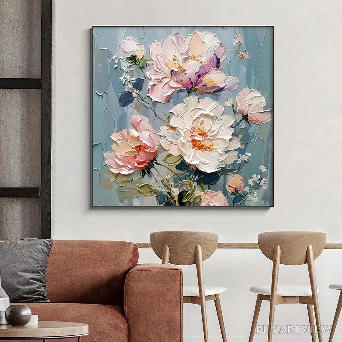 BUYARTVIEW Pastel Peonies – Textured Peony Painting, Impasto Floral , Square Canvas, Romantic Decor - image 5