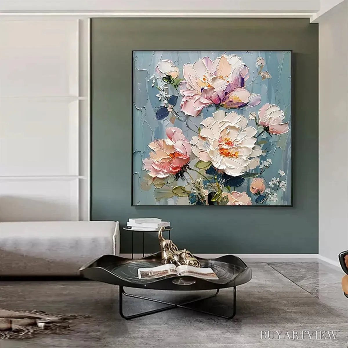 BUYARTVIEW Pastel Peonies – Textured Peony Painting, Impasto Floral , Square Canvas, Romantic Decor - image 6