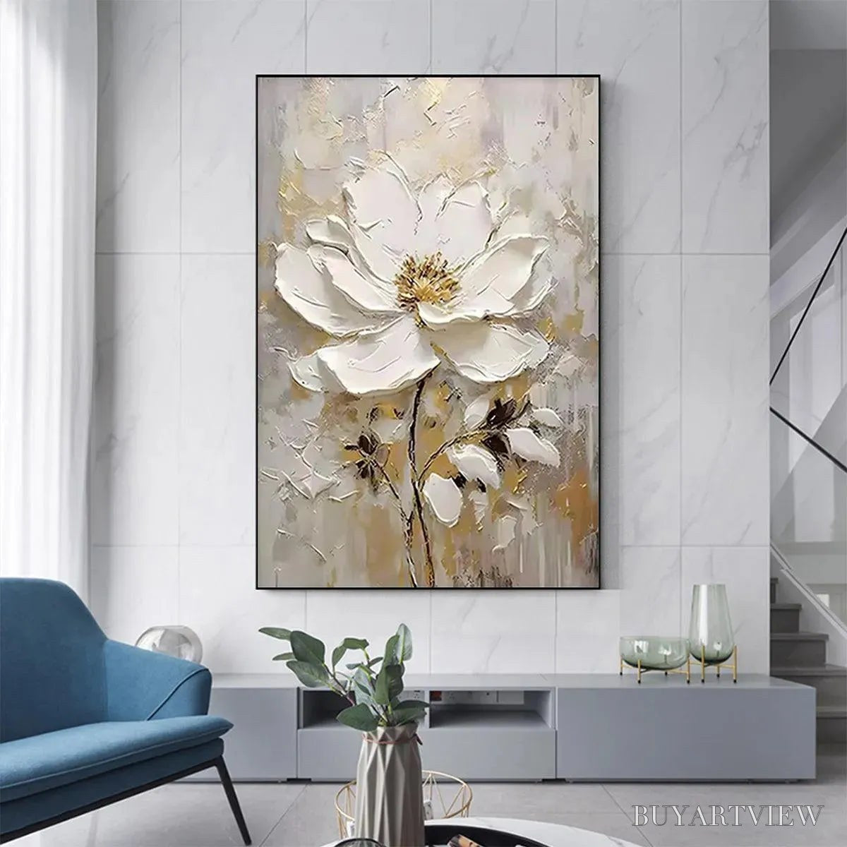 BUYARTVIEW White Blossom – Textured White Floral Painting, Impasto , Vertical Canvas, Romantic Decor - image 6