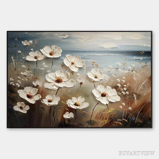 BUYARTVIEW Seaside Blossoms – Textured Floral Painting, Impasto , Horizontal Canvas, Coastal Decor - image 1