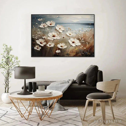 BUYARTVIEW Seaside Blossoms – Textured Floral Painting, Impasto , Horizontal Canvas, Coastal Decor - image 4