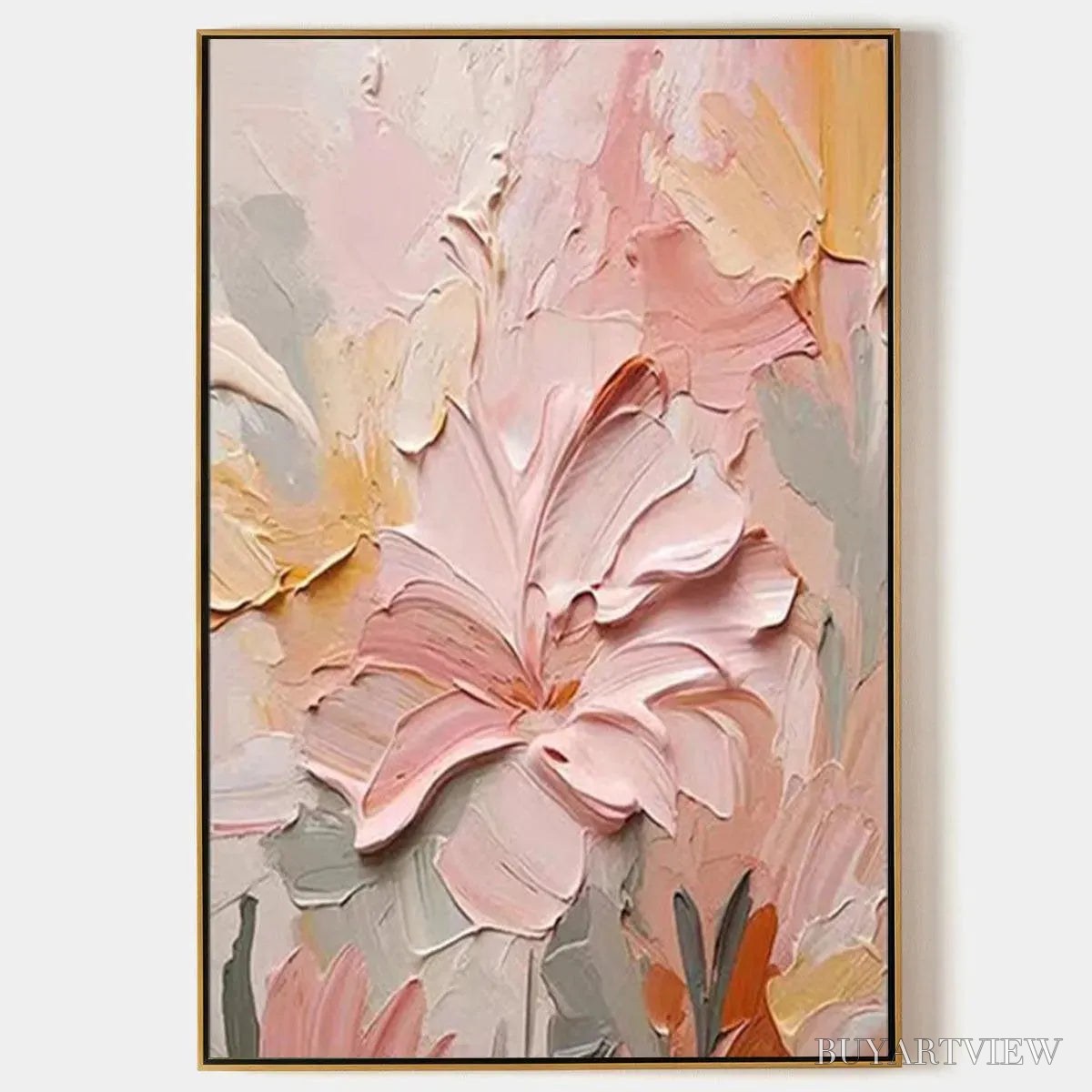 BUYARTVIEW Blushing Blooms – Textured Floral Painting, Pink and Peach , Vertical Canvas, Impasto Decor - image 1