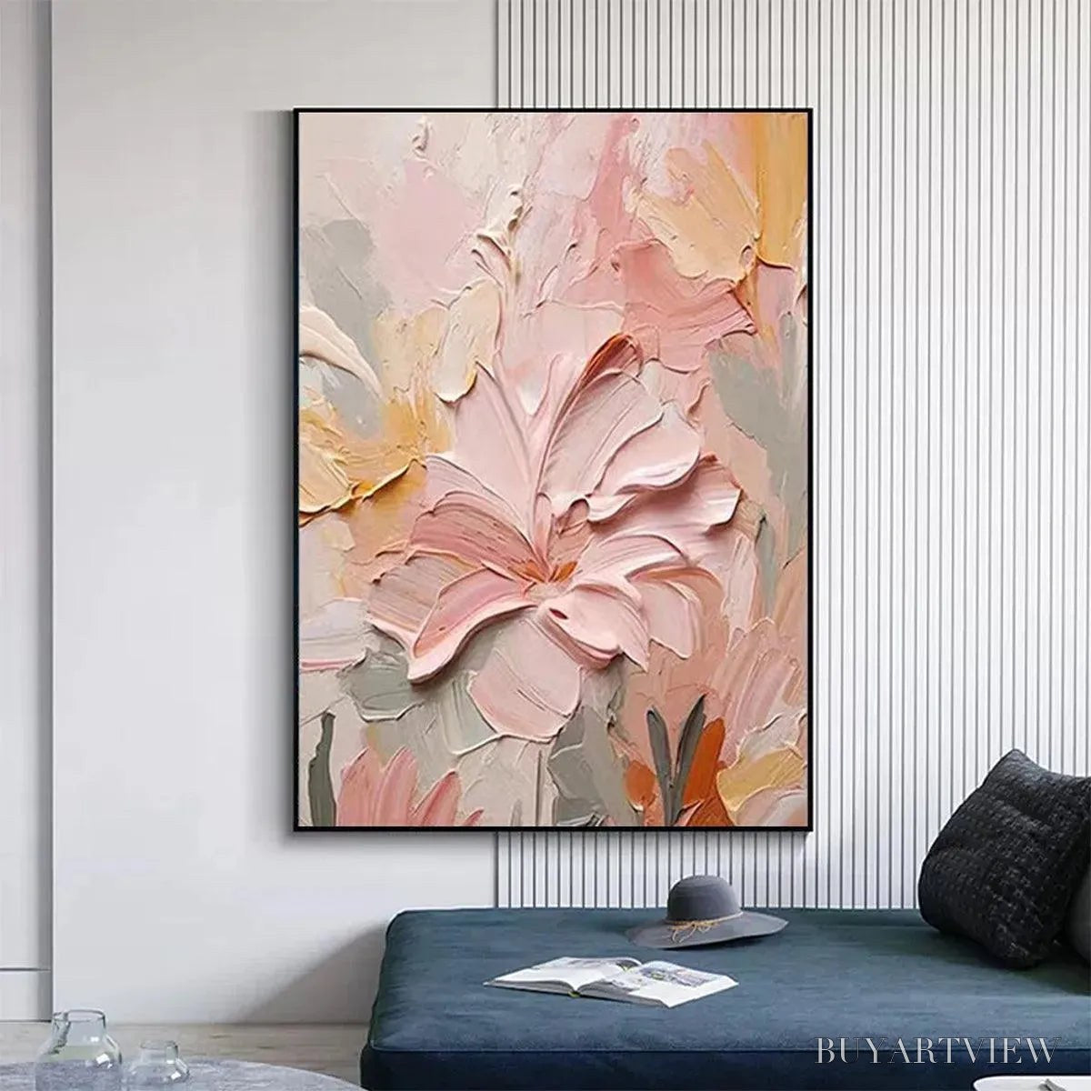 BUYARTVIEW Blushing Blooms – Textured Floral Painting, Pink and Peach , Vertical Canvas, Impasto Decor - image 2