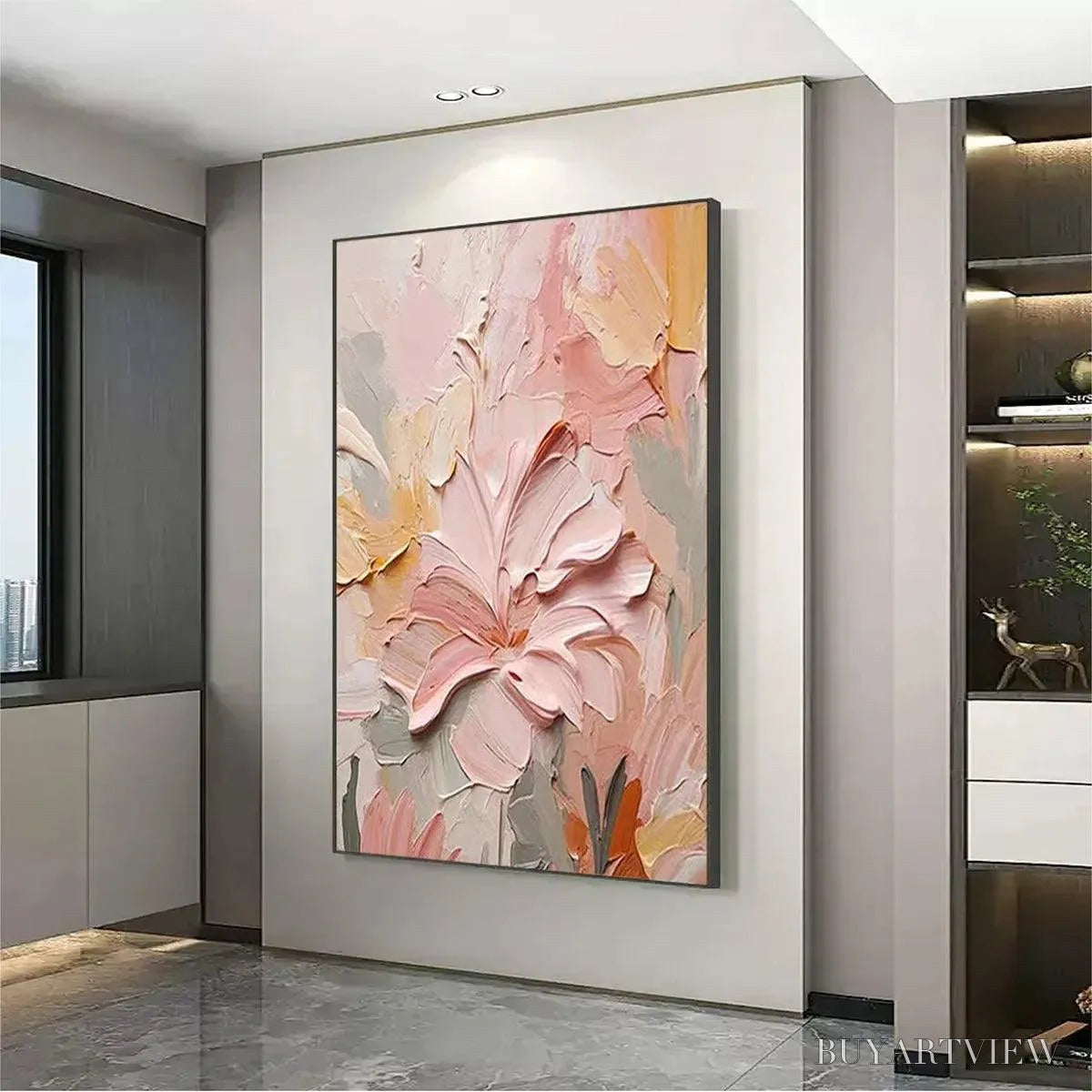 BUYARTVIEW Blushing Blooms – Textured Floral Painting, Pink and Peach , Vertical Canvas, Impasto Decor - image 4