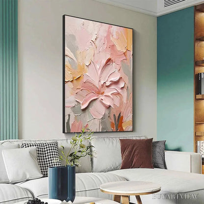 BUYARTVIEW Blushing Blooms – Textured Floral Painting, Pink and Peach , Vertical Canvas, Impasto Decor - image 5