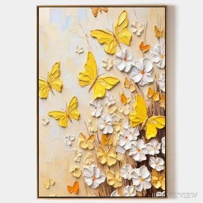 BUYARTVIEW Golden Butterflies – Textured Butterfly and Floral Painting, Yellow and White , Vertical Canvas, Impasto Decor - image 1