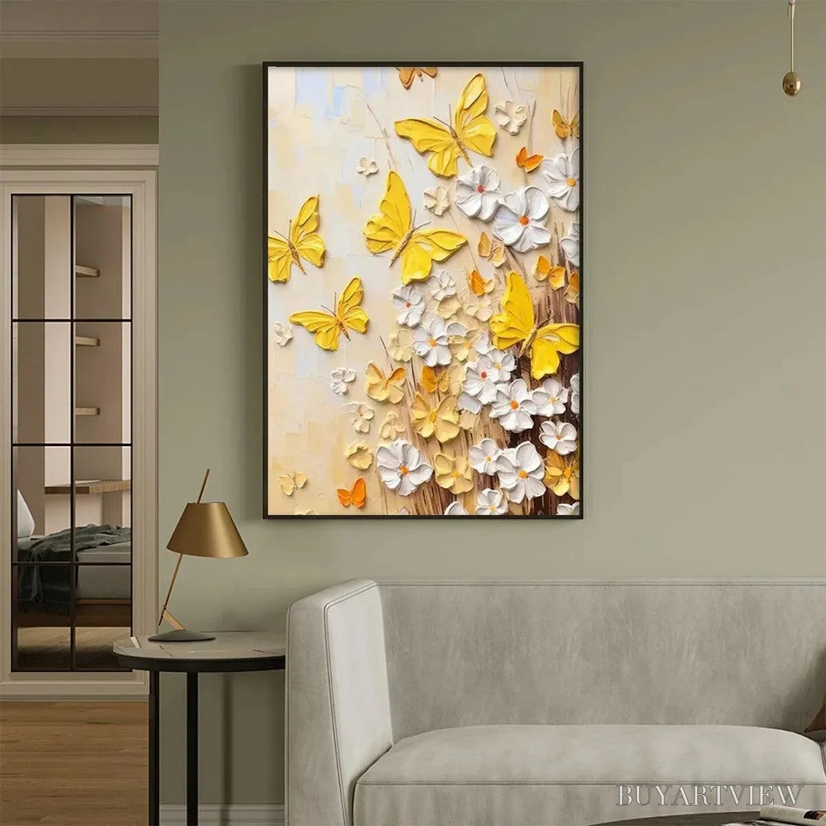 BUYARTVIEW Golden Butterflies – Textured Butterfly and Floral Painting, Yellow and White , Vertical Canvas, Impasto Decor - image 2