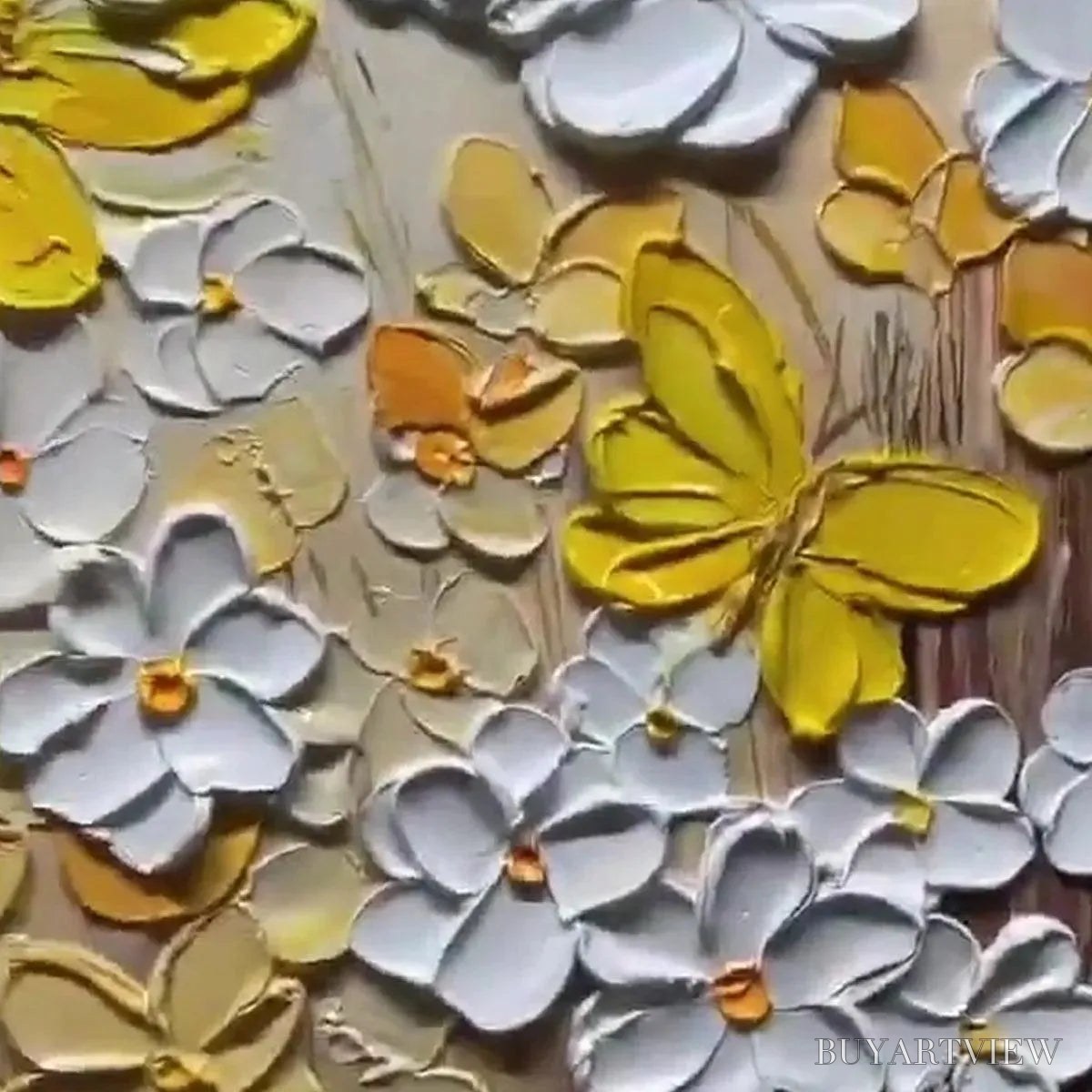 BUYARTVIEW Golden Butterflies – Textured Butterfly and Floral Painting, Yellow and White , Vertical Canvas, Impasto Decor - image 3