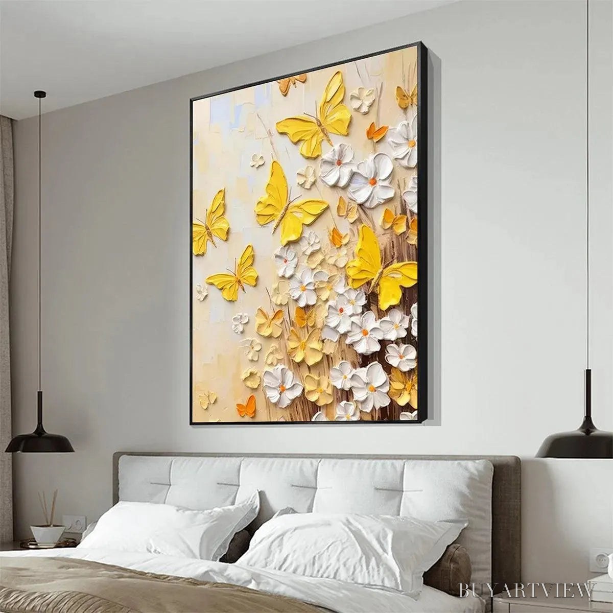 BUYARTVIEW Golden Butterflies – Textured Butterfly and Floral Painting, Yellow and White , Vertical Canvas, Impasto Decor - image 4