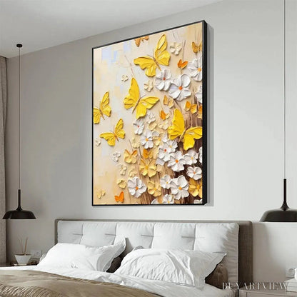 BUYARTVIEW Golden Butterflies – Textured Butterfly and Floral Painting, Yellow and White , Vertical Canvas, Impasto Decor - image 4