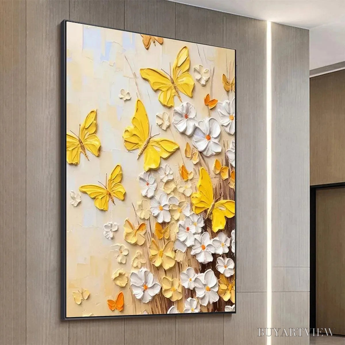 BUYARTVIEW Golden Butterflies – Textured Butterfly and Floral Painting, Yellow and White , Vertical Canvas, Impasto Decor - image 5