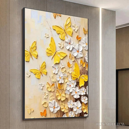 BUYARTVIEW Golden Butterflies – Textured Butterfly and Floral Painting, Yellow and White , Vertical Canvas, Impasto Decor - image 5