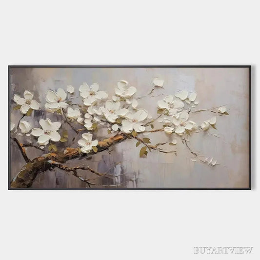 BUYARTVIEW White Blossoms – Textured Floral Painting, White Flower , Panoramic Canvas, Impressionist Decor - image 1