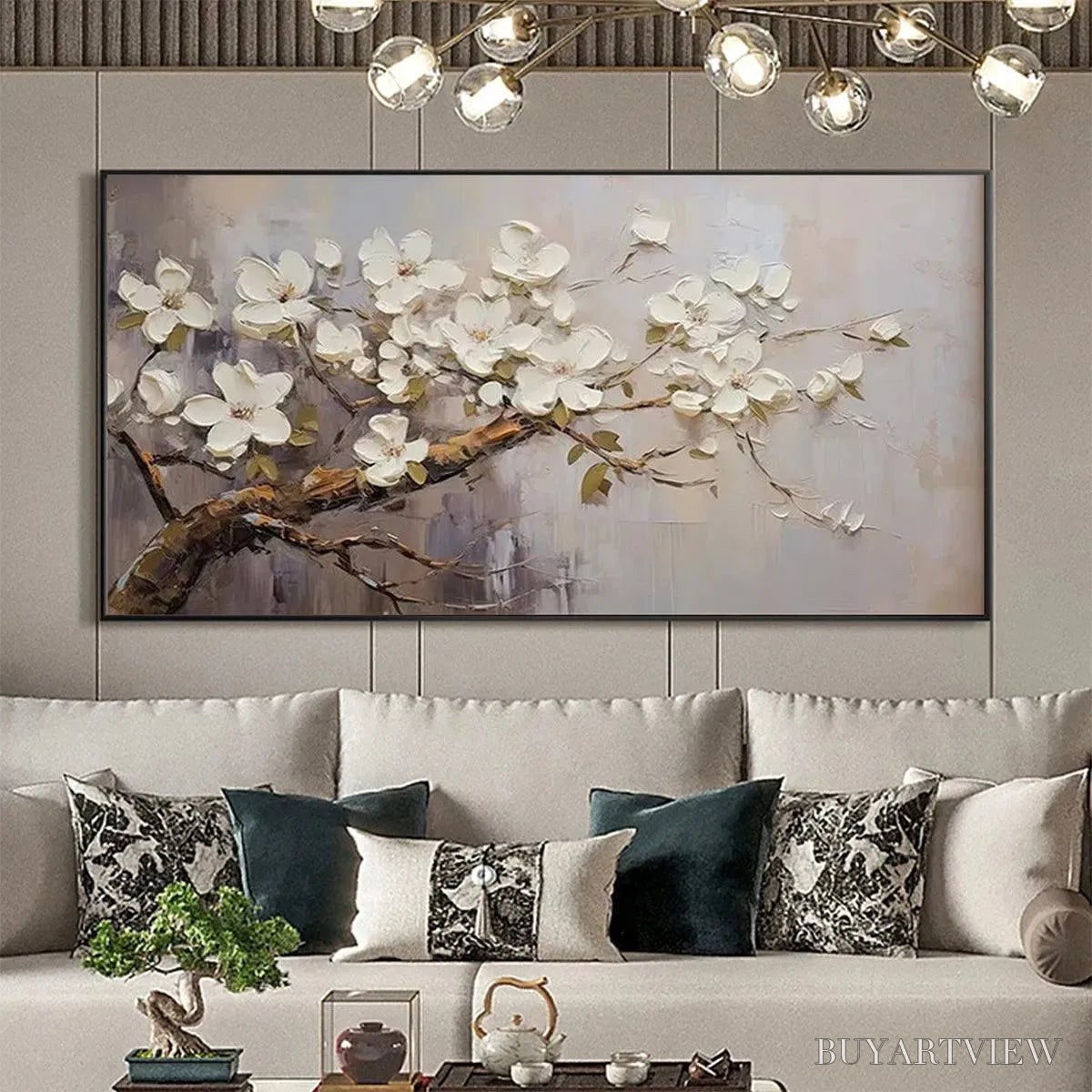 BUYARTVIEW White Blossoms – Textured Floral Painting, White Flower , Panoramic Canvas, Impressionist Decor - image 3