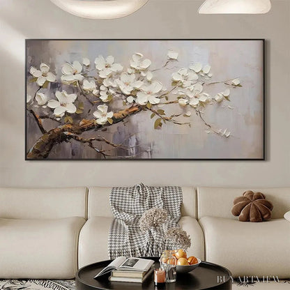 BUYARTVIEW White Blossoms – Textured Floral Painting, White Flower , Panoramic Canvas, Impressionist Decor - image 4