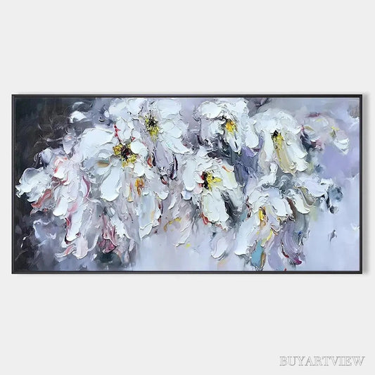 BUYARTVIEW White Petal Dream – Floral Painting, Impasto, Textured , White Flowers, Panoramic - image 1