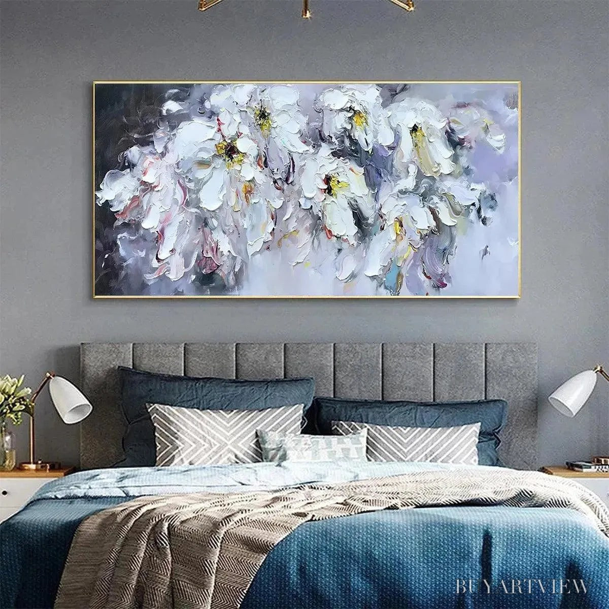 BUYARTVIEW White Petal Dream – Floral Painting, Impasto, Textured , White Flowers, Panoramic - image 2