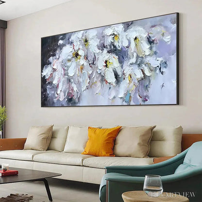 BUYARTVIEW White Petal Dream – Floral Painting, Impasto, Textured , White Flowers, Panoramic - image 4