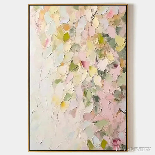 BUYARTVIEW Blushing Blooms – Textured Abstract Floral Painting, Pastel Pink and Green , Vertical Canvas, Impasto Decor - image 1