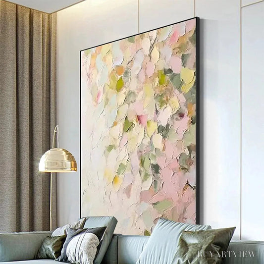 BUYARTVIEW Blushing Blooms – Textured Abstract Floral Painting, Pastel Pink and Green , Vertical Canvas, Impasto Decor - image 2
