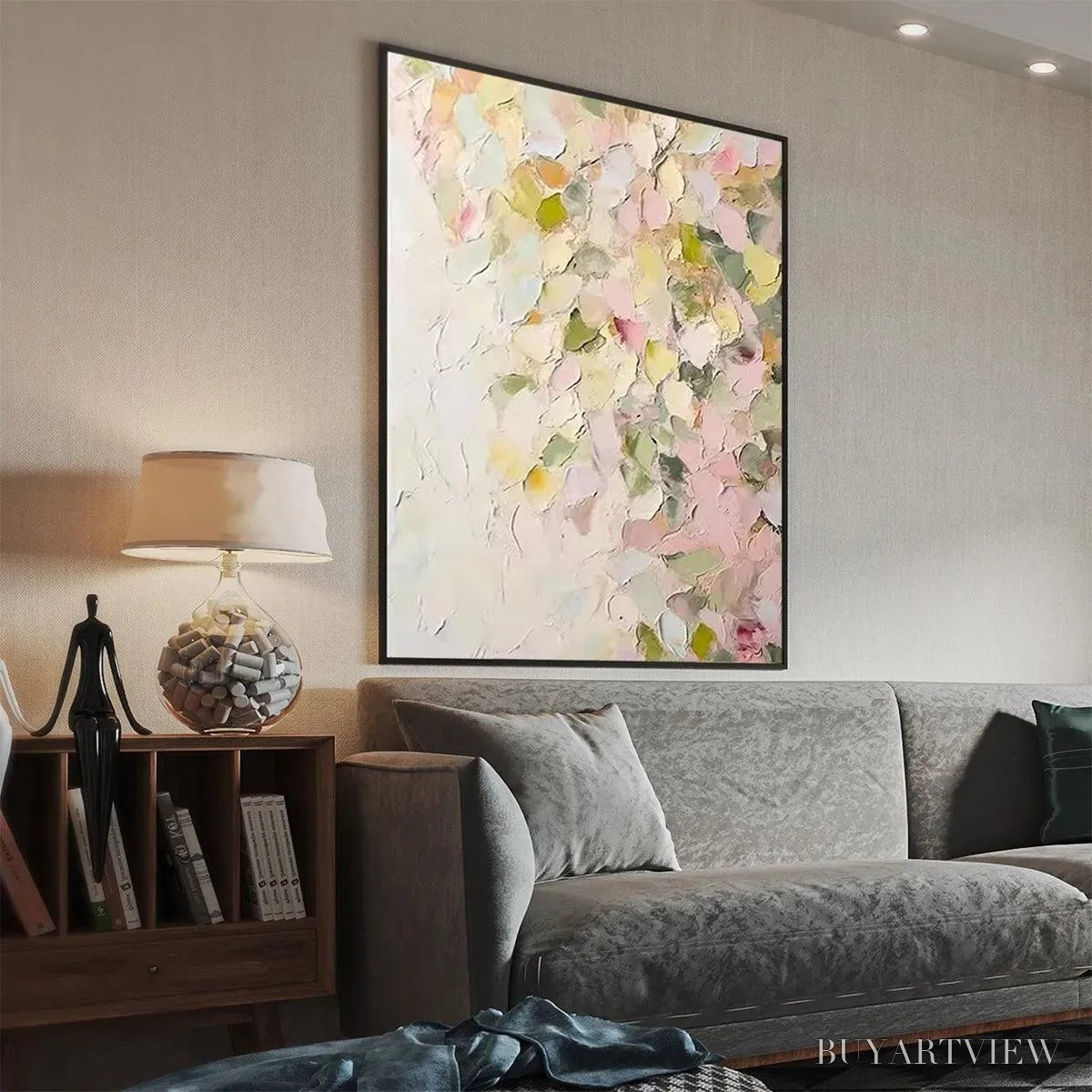 BUYARTVIEW Blushing Blooms – Textured Abstract Floral Painting, Pastel Pink and Green , Vertical Canvas, Impasto Decor - image 4