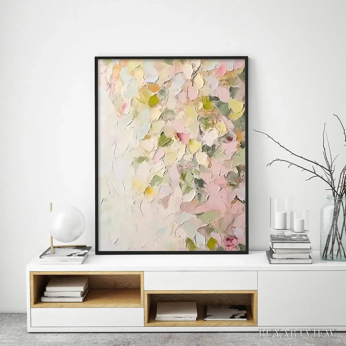 BUYARTVIEW Blushing Blooms – Textured Abstract Floral Painting, Pastel Pink and Green , Vertical Canvas, Impasto Decor - image 5
