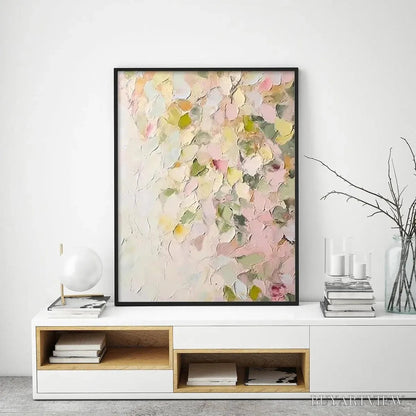 BUYARTVIEW Blushing Blooms – Textured Abstract Floral Painting, Pastel Pink and Green , Vertical Canvas, Impasto Decor - image 5