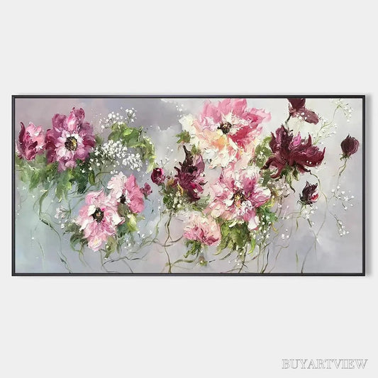 BUYARTVIEW Wild Rose Whispers – Floral Painting, Panoramic , Romantic Decor, Pink and Burgundy Flowers - image 1