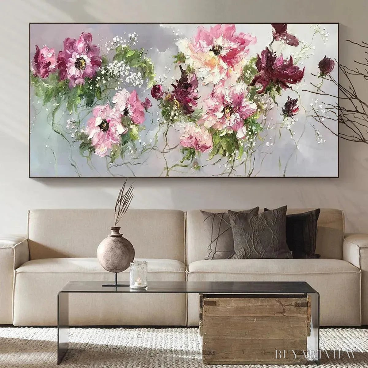 BUYARTVIEW Wild Rose Whispers – Floral Painting, Panoramic , Romantic Decor, Pink and Burgundy Flowers - image 2