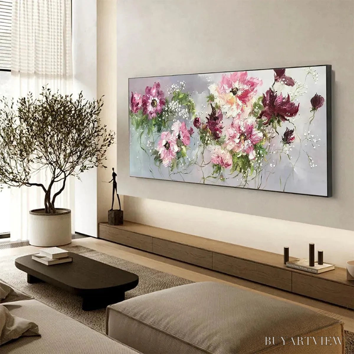 BUYARTVIEW Wild Rose Whispers – Floral Painting, Panoramic , Romantic Decor, Pink and Burgundy Flowers - image 5