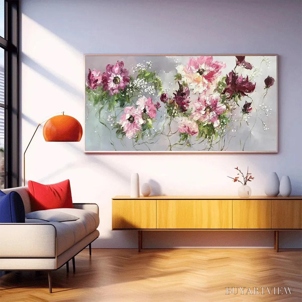 BUYARTVIEW Wild Rose Whispers – Floral Painting, Panoramic , Romantic Decor, Pink and Burgundy Flowers - image 6
