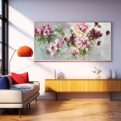 BUYARTVIEW Wild Rose Whispers – Floral Painting, Panoramic , Romantic Decor, Pink and Burgundy Flowers - image 6