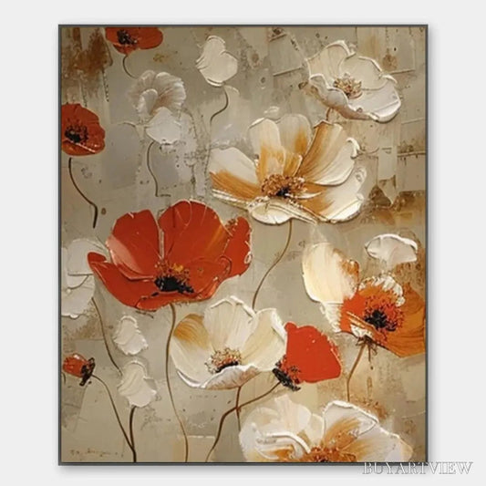 BUYARTVIEW Crimson Fields – Textured Poppy Painting, Red and White Floral , Square Canvas, Romantic Decor - image 1