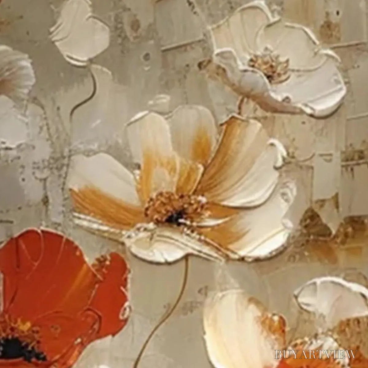 BUYARTVIEW Crimson Fields – Textured Poppy Painting, Red and White Floral , Square Canvas, Romantic Decor - image 3
