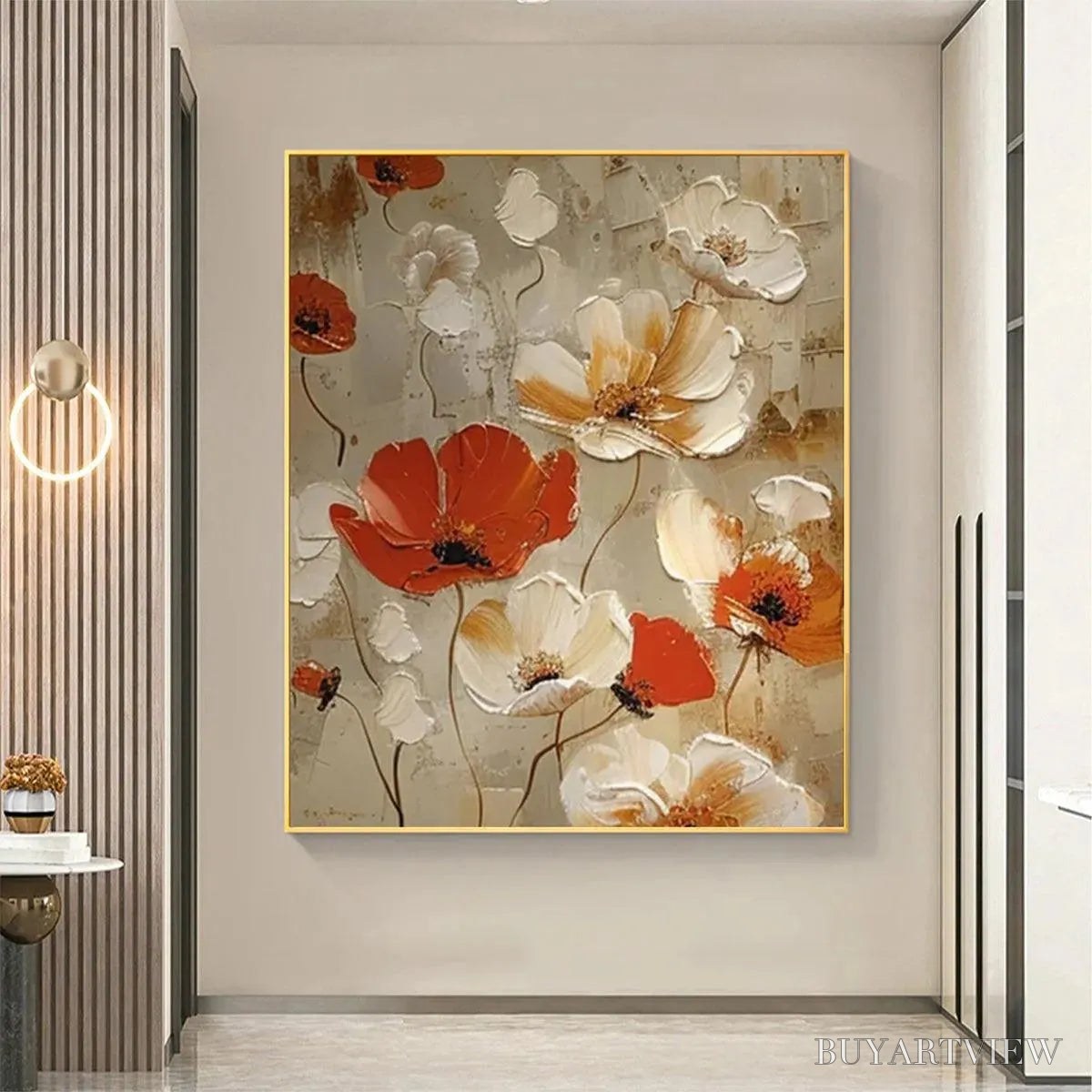 BUYARTVIEW Crimson Fields – Textured Poppy Painting, Red and White Floral , Square Canvas, Romantic Decor - image 4