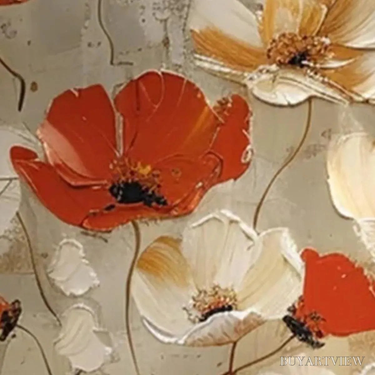 BUYARTVIEW Crimson Fields – Textured Poppy Painting, Red and White Floral , Square Canvas, Romantic Decor - image 6