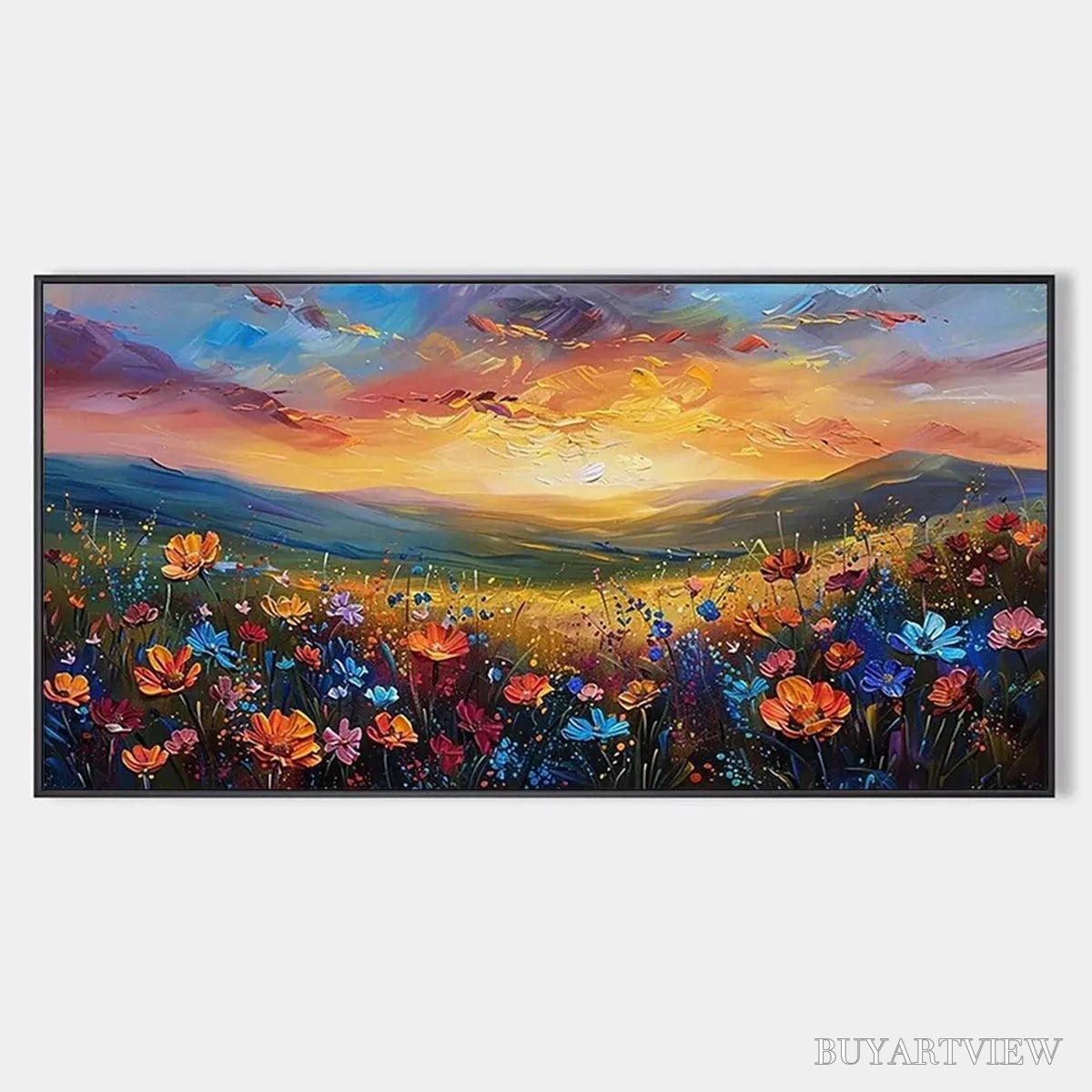 BUYARTVIEW Sunset Serenade – Textured Floral Landscape Painting, Impasto , Horizontal Canvas, Sunset Decor - image 1