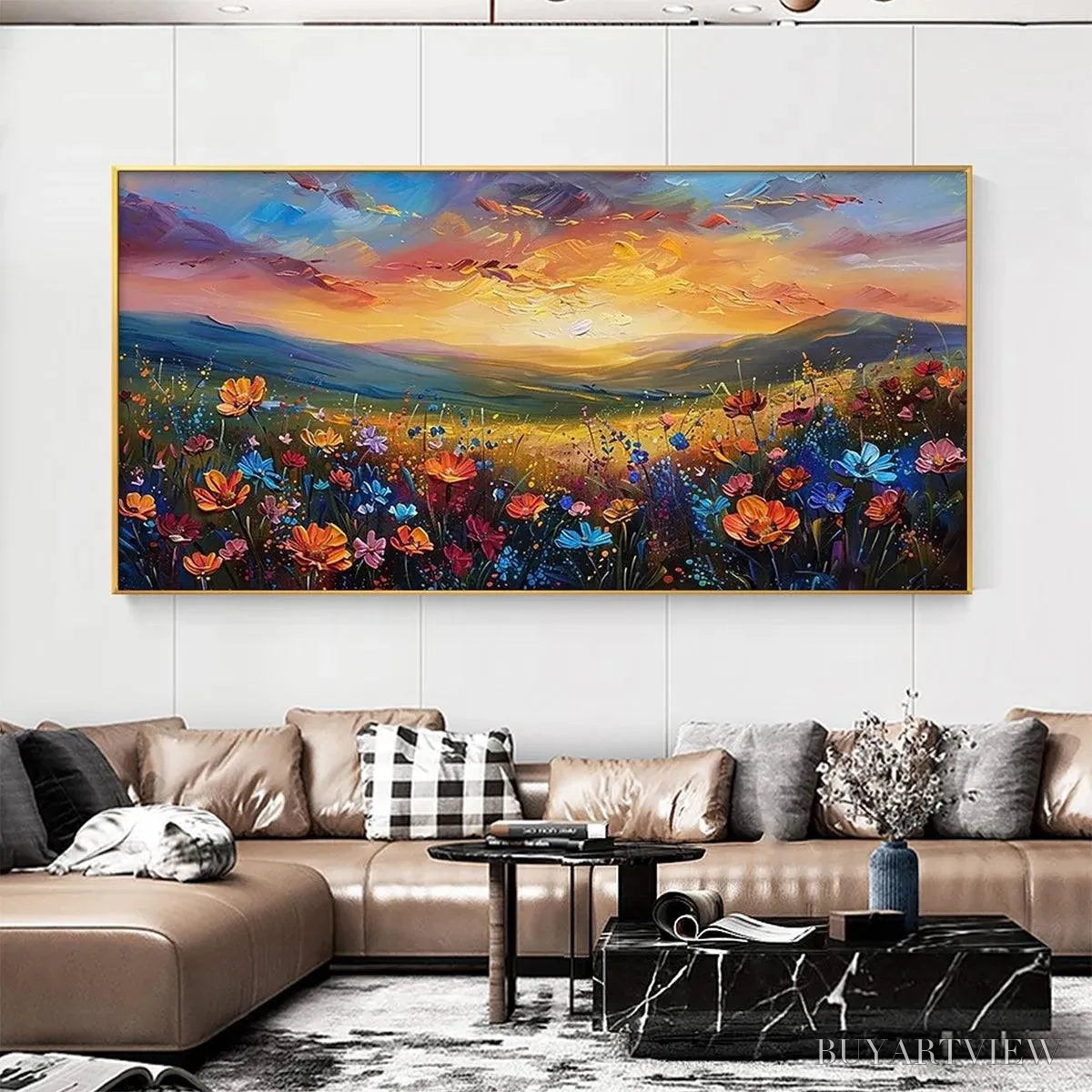 BUYARTVIEW Sunset Serenade – Textured Floral Landscape Painting, Impasto , Horizontal Canvas, Sunset Decor - image 2