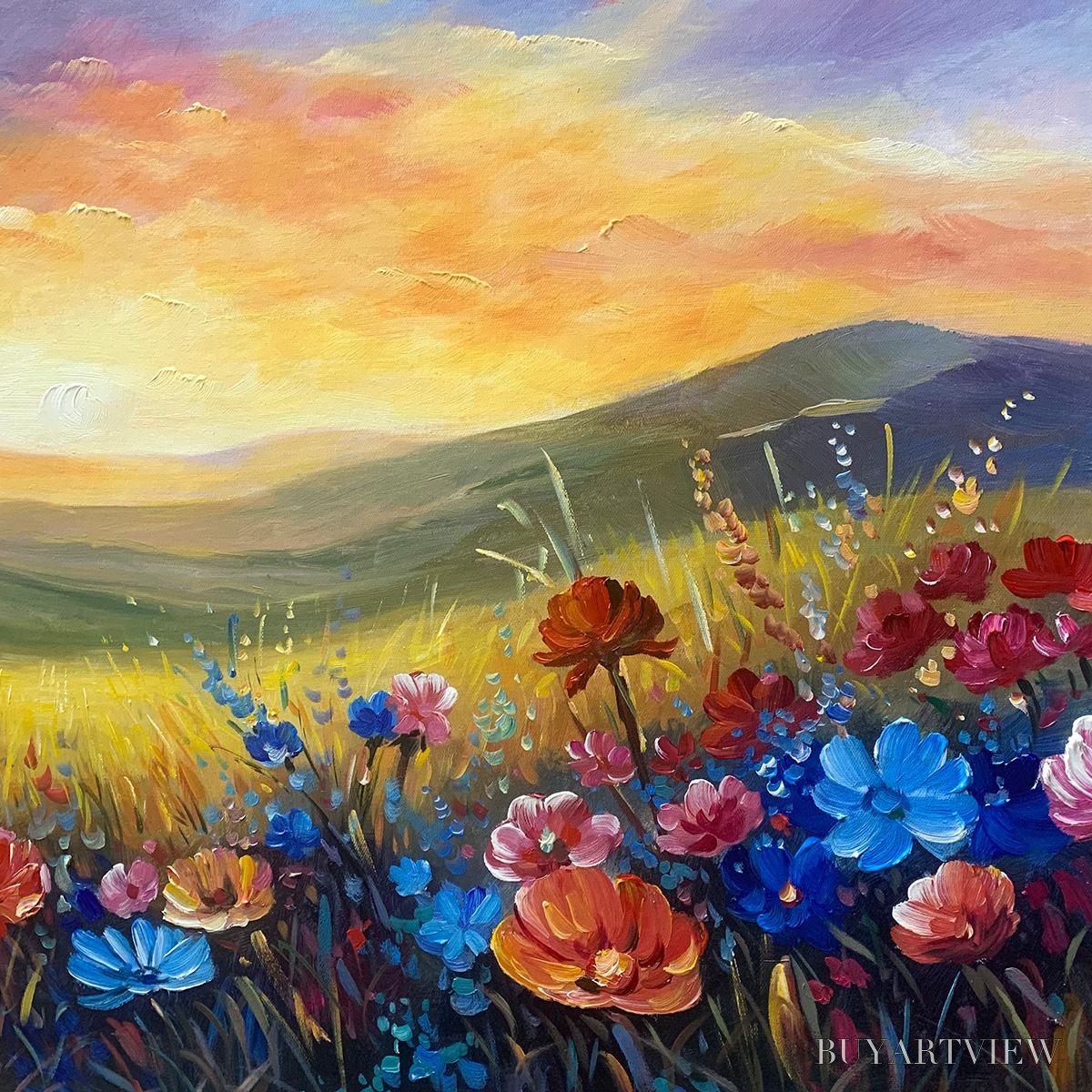 BUYARTVIEW Sunset Serenade – Textured Floral Landscape Painting, Impasto , Horizontal Canvas, Sunset Decor - image 3