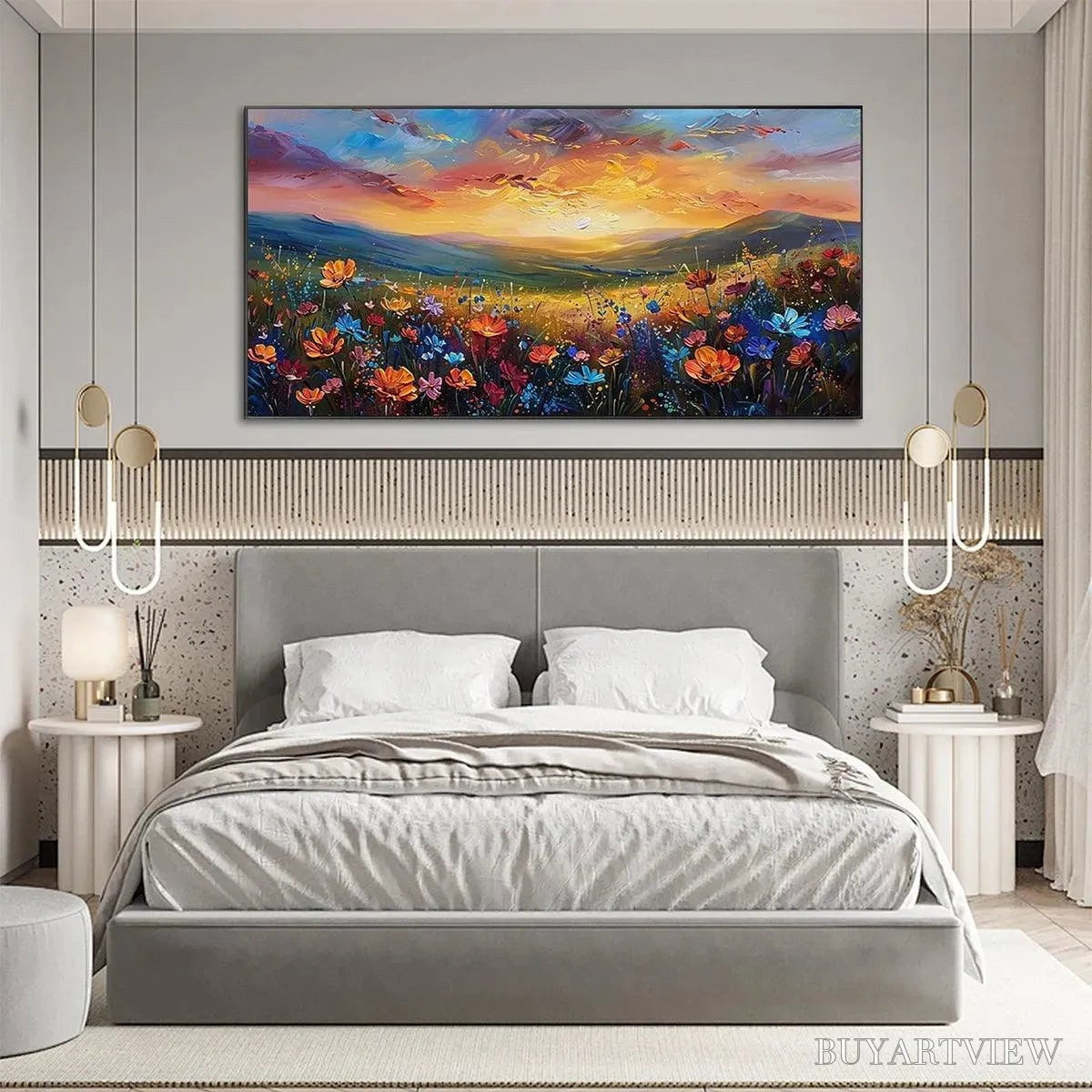 BUYARTVIEW Sunset Serenade – Textured Floral Landscape Painting, Impasto , Horizontal Canvas, Sunset Decor - image 4