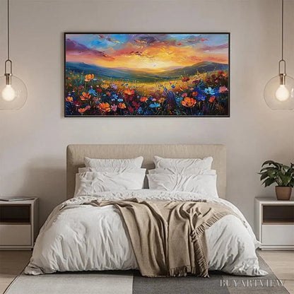 BUYARTVIEW Sunset Serenade – Textured Floral Landscape Painting, Impasto , Horizontal Canvas, Sunset Decor - image 5