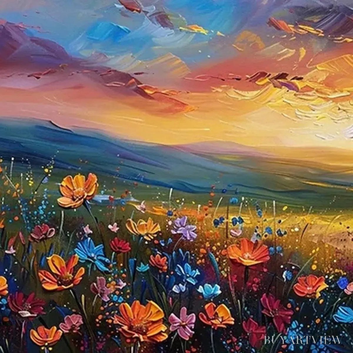 BUYARTVIEW Sunset Serenade – Textured Floral Landscape Painting, Impasto , Horizontal Canvas, Sunset Decor - image 6