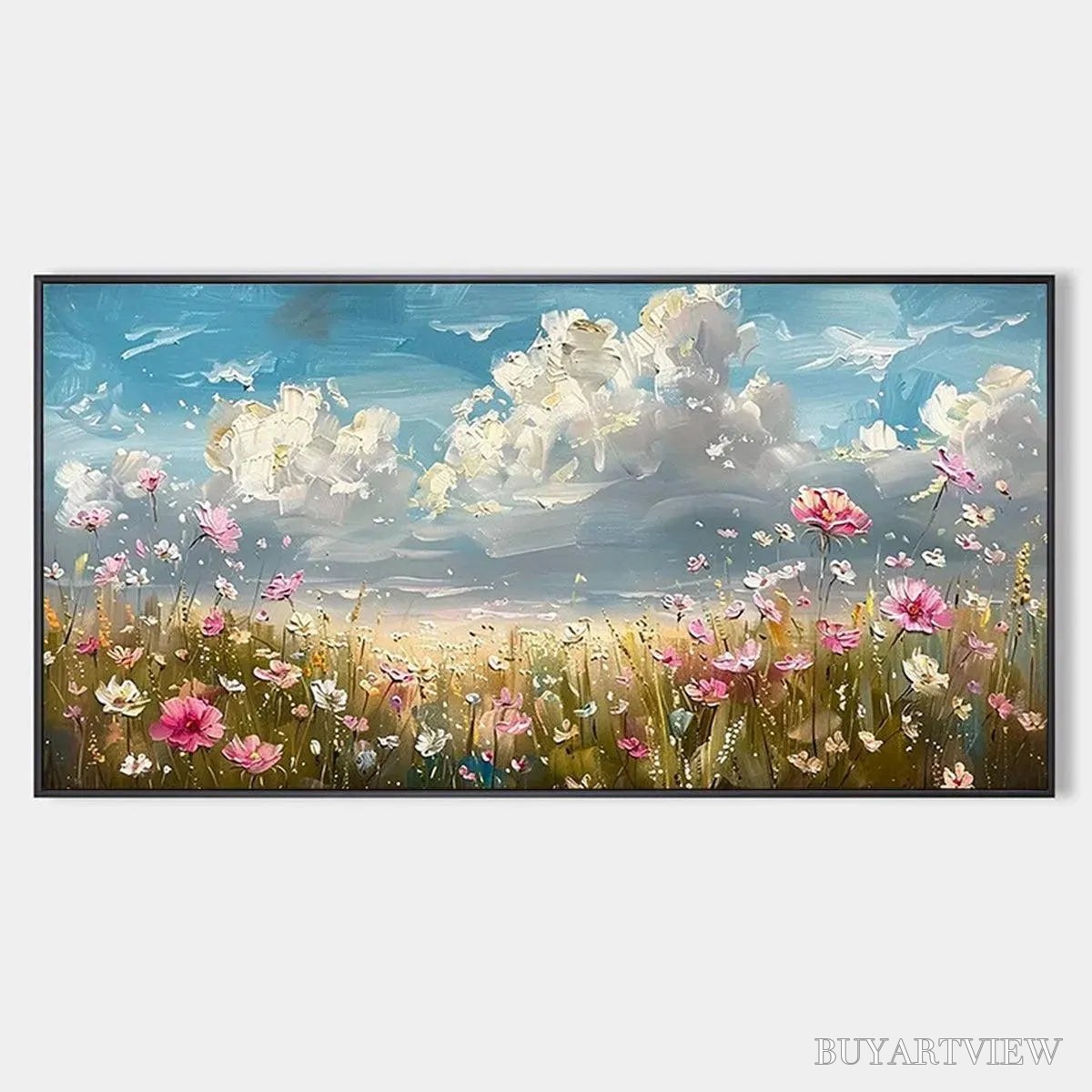 BUYARTVIEW Cosmos Field – Textured Floral Landscape Painting, Impasto , Horizontal Canvas, Wildflower Decor - image 1