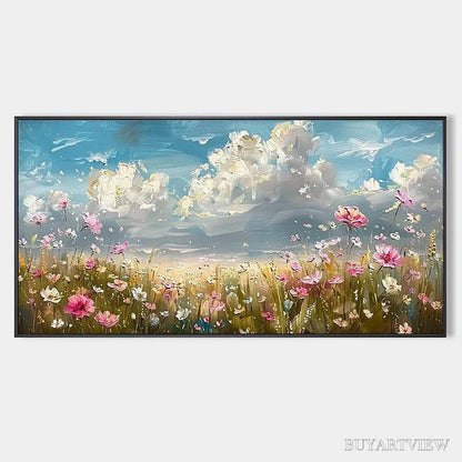 BUYARTVIEW Cosmos Field – Textured Floral Landscape Painting, Impasto , Horizontal Canvas, Wildflower Decor - image 1